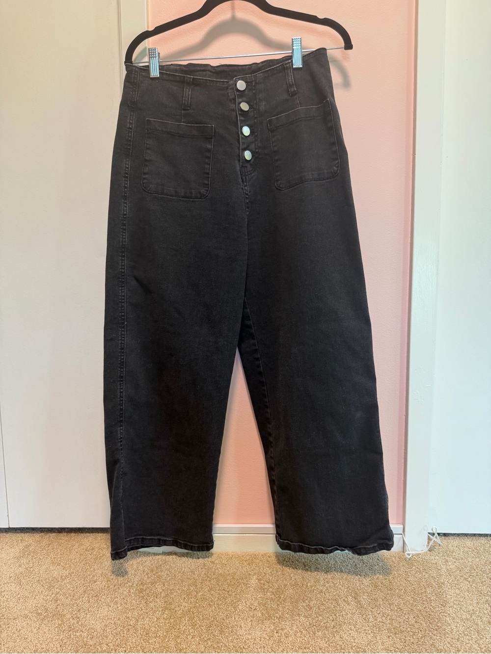 High-Rise Black Wide-Leg Button-Front Jeans